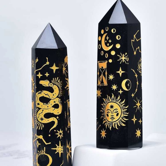 New Natural Obsidian Carved Artisan Sun 24k Gold Tower Point Crystal Decoration - Picture 14 of 16